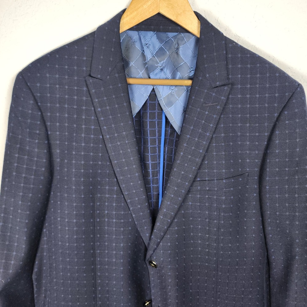 Menticano Zignone Wool Sport Coat Mens 42R Navy Blue Windowpane Blazer Casual - Picture 3 of 16